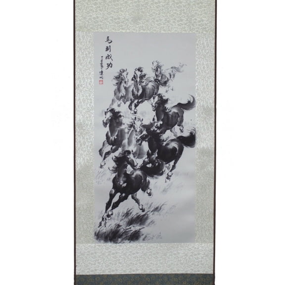 Team of Black Horses Hanging Scroll Painting Home Decor Housewarming Gift B11708-4