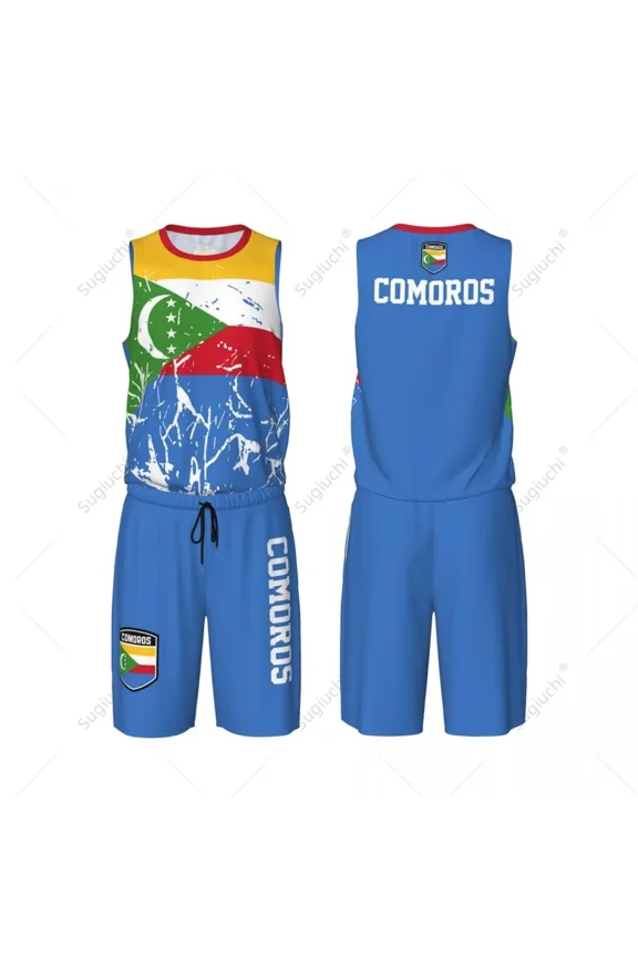 Team-up Comoros Flag Grain Men Basketball Jersey Set Shirt & Pants Sleeveless Custom Name Nunber Exclusive
