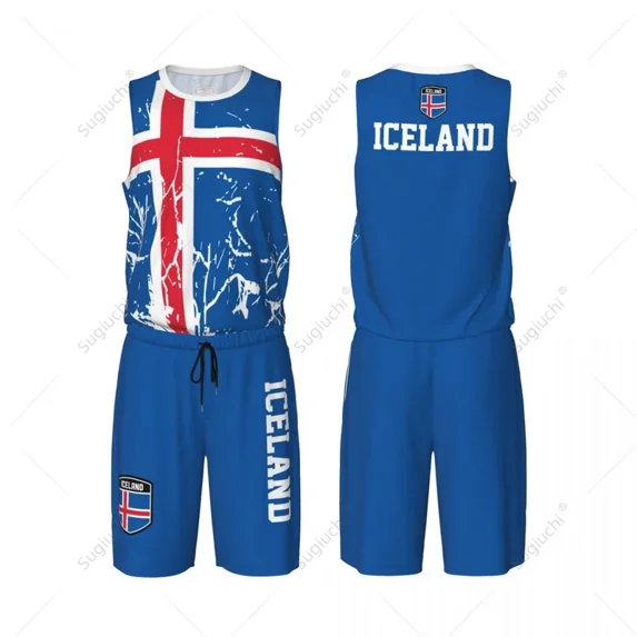 Team-up Iceland Flag Grain Men Basketball Jersey Set Shirt & Pants Sleeveless Custom Name Nunber Exclusive