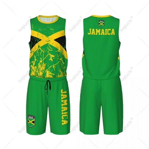 Team-up Jamaica Flag Grain Men Basketball Jersey Set Shirt & Pants Sleeveless Custom Name Nunber Exclusive