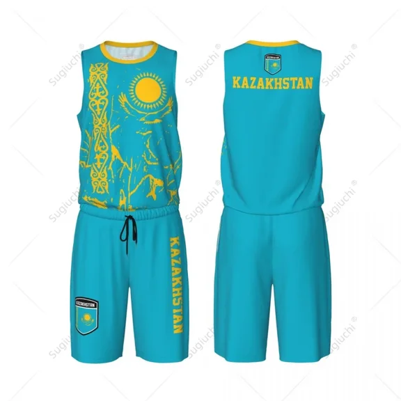 Team-up Kazakhstan Flag Grain Men Basketball Jersey Set Shirt & Pants Sleeveless Custom Name Nunber Exclusive