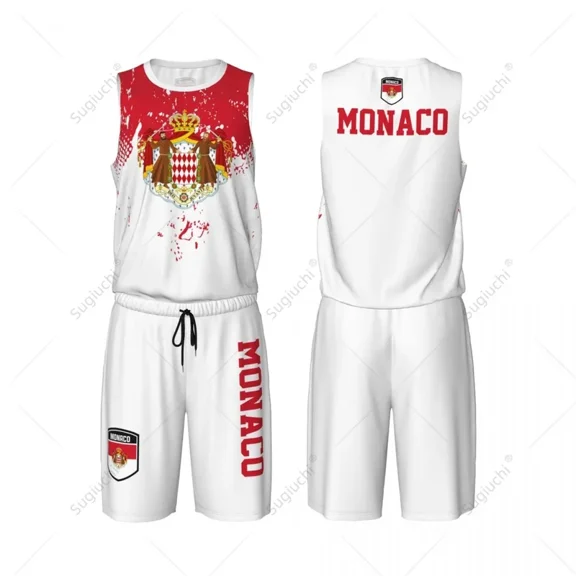 Team-up Monaco Flag Grain Men Basketball Jersey Set Shirt & Pants Sleeveless Custom Name Nunber Exclusive