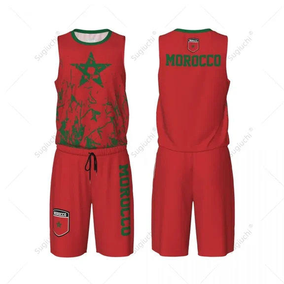 Team-up Morocco Flag Grain Men Basketball Jersey Set Shirt & Pants Sleeveless Custom Name Nunber Exclusive