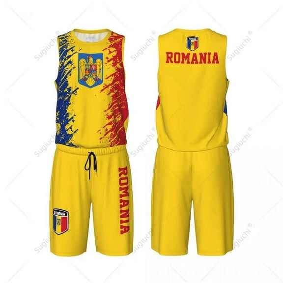 Team-up Romania Flag Grain Men Basketball Jersey Set Shirt & Pants Sleeveless Custom Name Nunber Exclusive