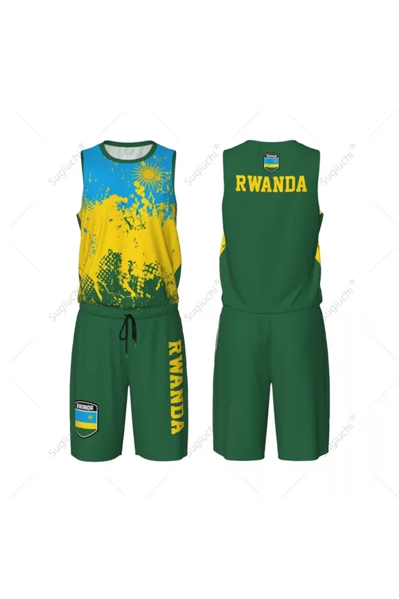 Team-up Rwanda Flag Grain Men Basketball Jersey Set Shirt & Pants Sleeveless Custom Name Nunber Exclusive