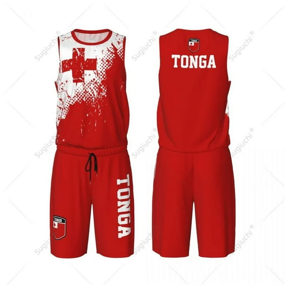 Team-up Tonga Flag Grain Men Basketball Jersey Set Shirt & Pants Sleeveless Custom Name Nunber Exclusive