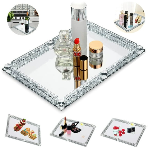 TeamSky 12" x 8" Glass Crystal and Square Mirrored Vanity Tray Serving Tray For Wedding Birthday Party(Silver)
