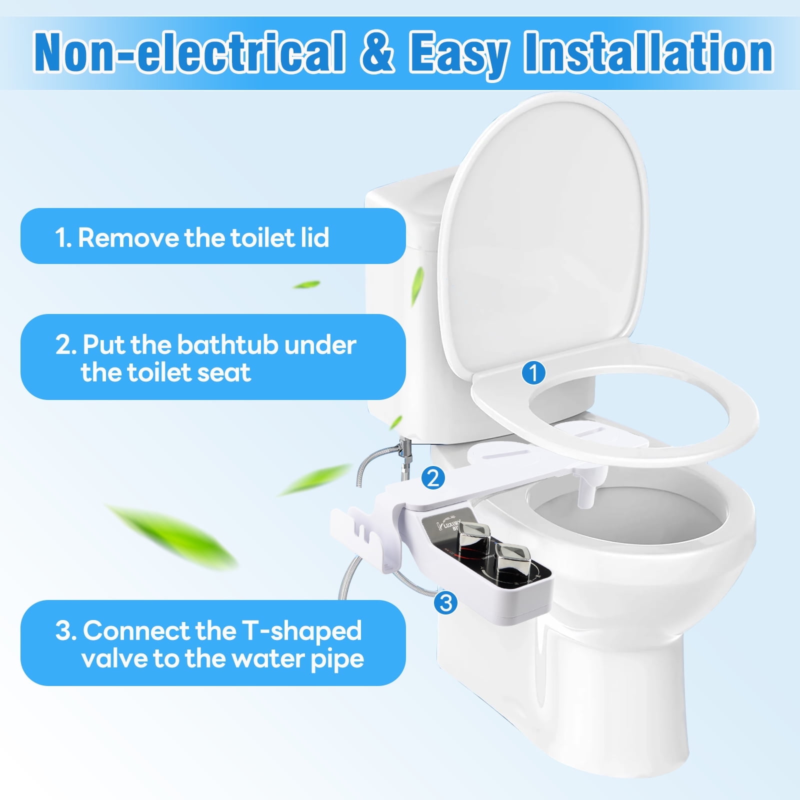 E-Greetshopping Bidet Attachment for Toilet Seat, Hot and Cold Water Dual Nozzles of Self Cleaning, Adjustable Pressure Sprayer Nozzle with Storage Hooks, Rear and Feminine Wash