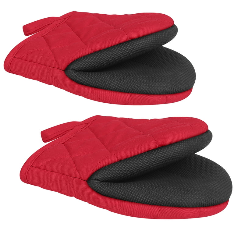 Teamsky Short Oven Mitts, Oven Gloves Cooking Mitts Pair Heat Resistant, Pot Holder with Non-Slip Grip and Hanging Loop, Set of 2pcs, Red, Size: 6.88