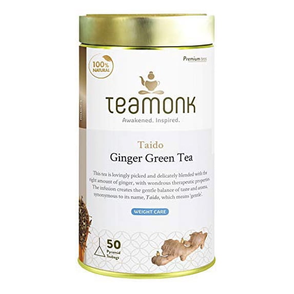 Teamonk Taido High Mountain Ginger Green Tea Bags - 50 Tea Bags | 100% Natural Ginger Tea | Ginger Tea for Weight Loss | Slimming Tea Bags | No Additives