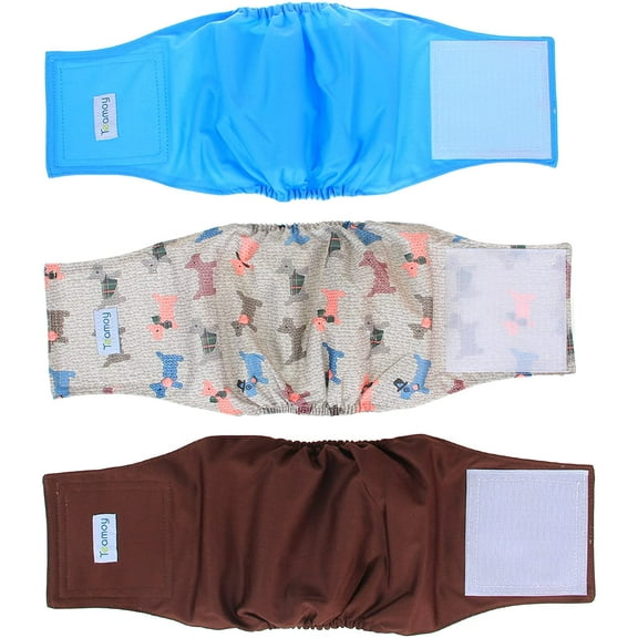 Teamoy Reusable Wrap Diapers for Male Dogs, Washable Puppy Belly Band Pack of 3 (M, 13"-16" Waist, Light Blue+ Dogs+Coffee)