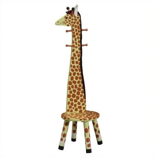 Teamson Design Giraffe Wooden Bedroom Kids Indoor Standing Coat Rack and Stool