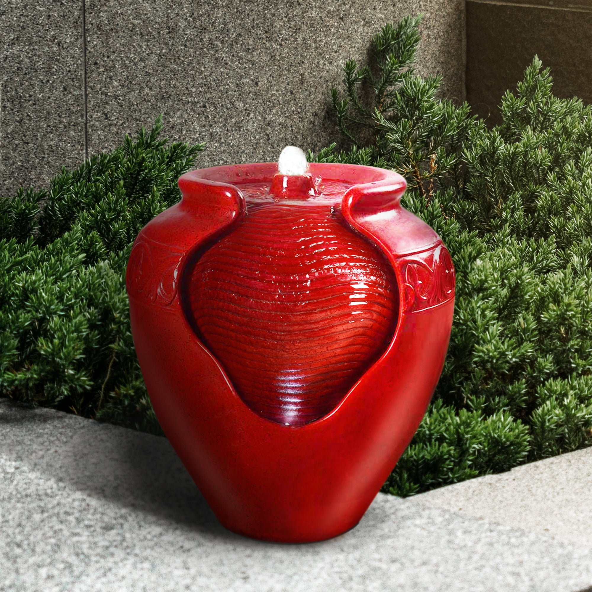 Serene Elegance 16" Red Glazed Pot LED Floor Fountain