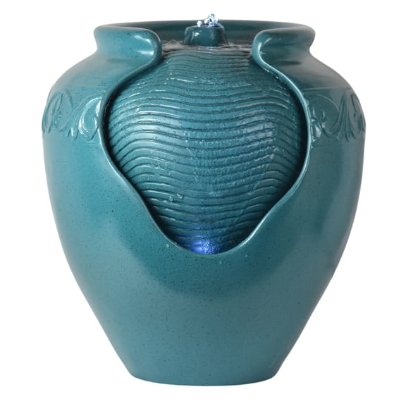 Teamson Home Hand Glazed Teal Pot Water Fountain with LED Light for Patio, Garden, Balcony