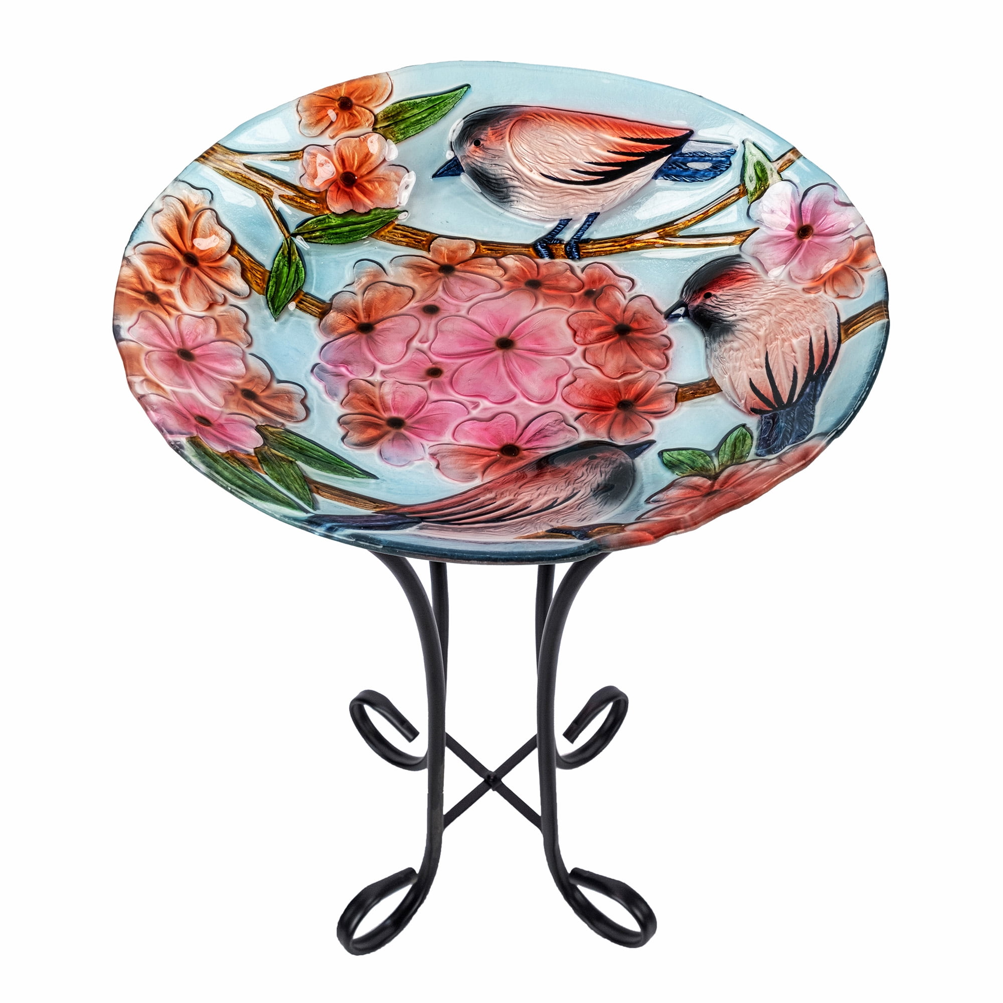 Teamson Home 17.8" Fusion Glass Bird Design Birdbath with Metal Stand, Multi