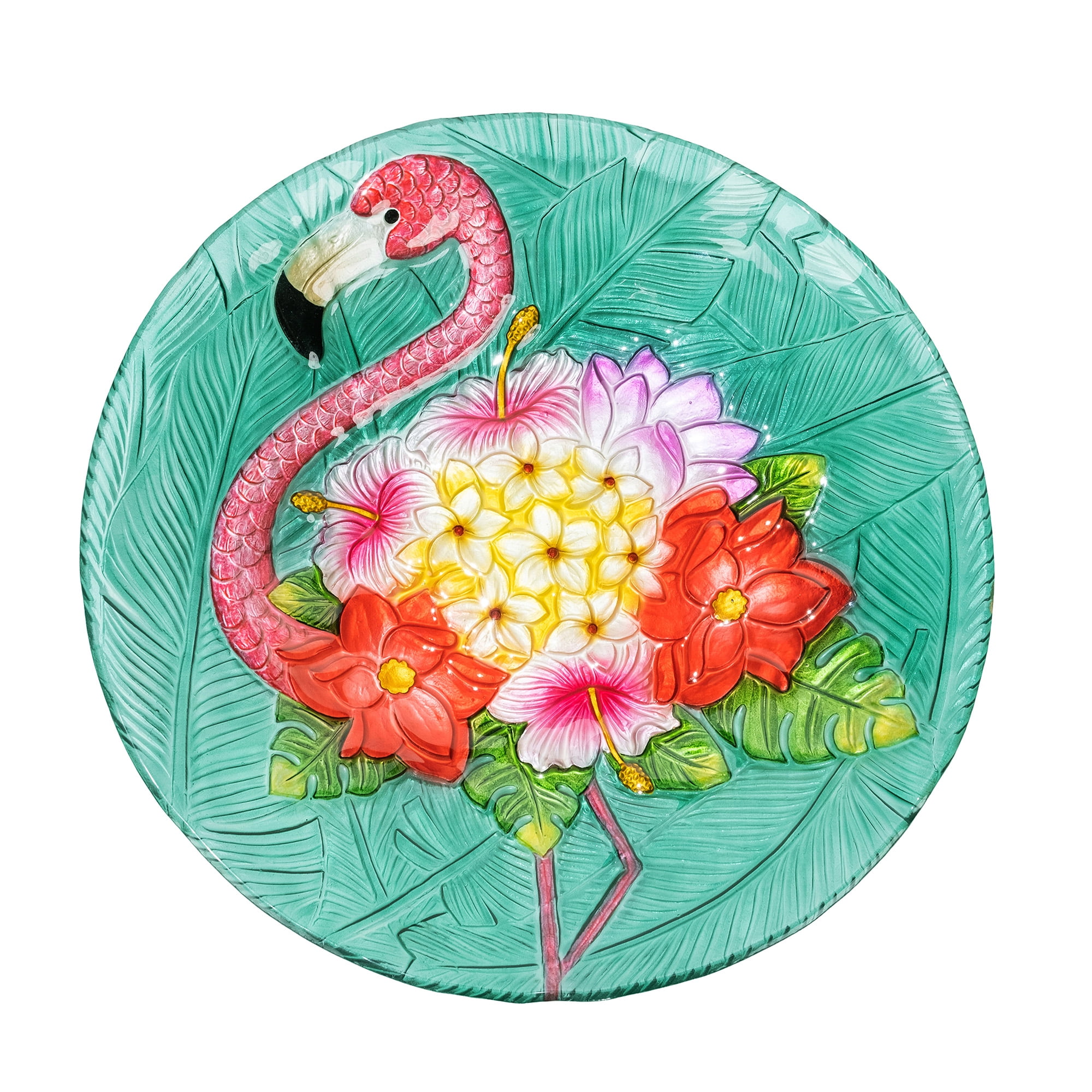 Tropical Flamingo Fusion Glass Birdbath with Metal Stand