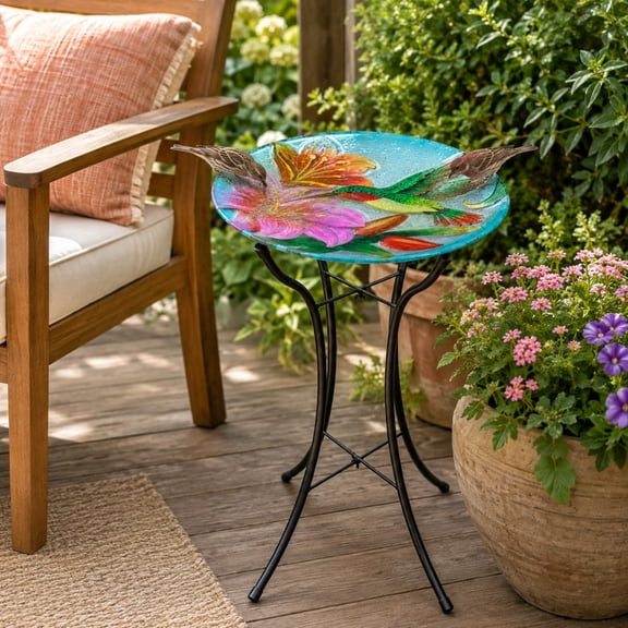 Teamson Home Outdoor Glass Bird Bath with Handpainted Hummingbird and Flower Design, Foldable Metal Stand, Bath or Feeder Use, 18-Inch, Multicolor