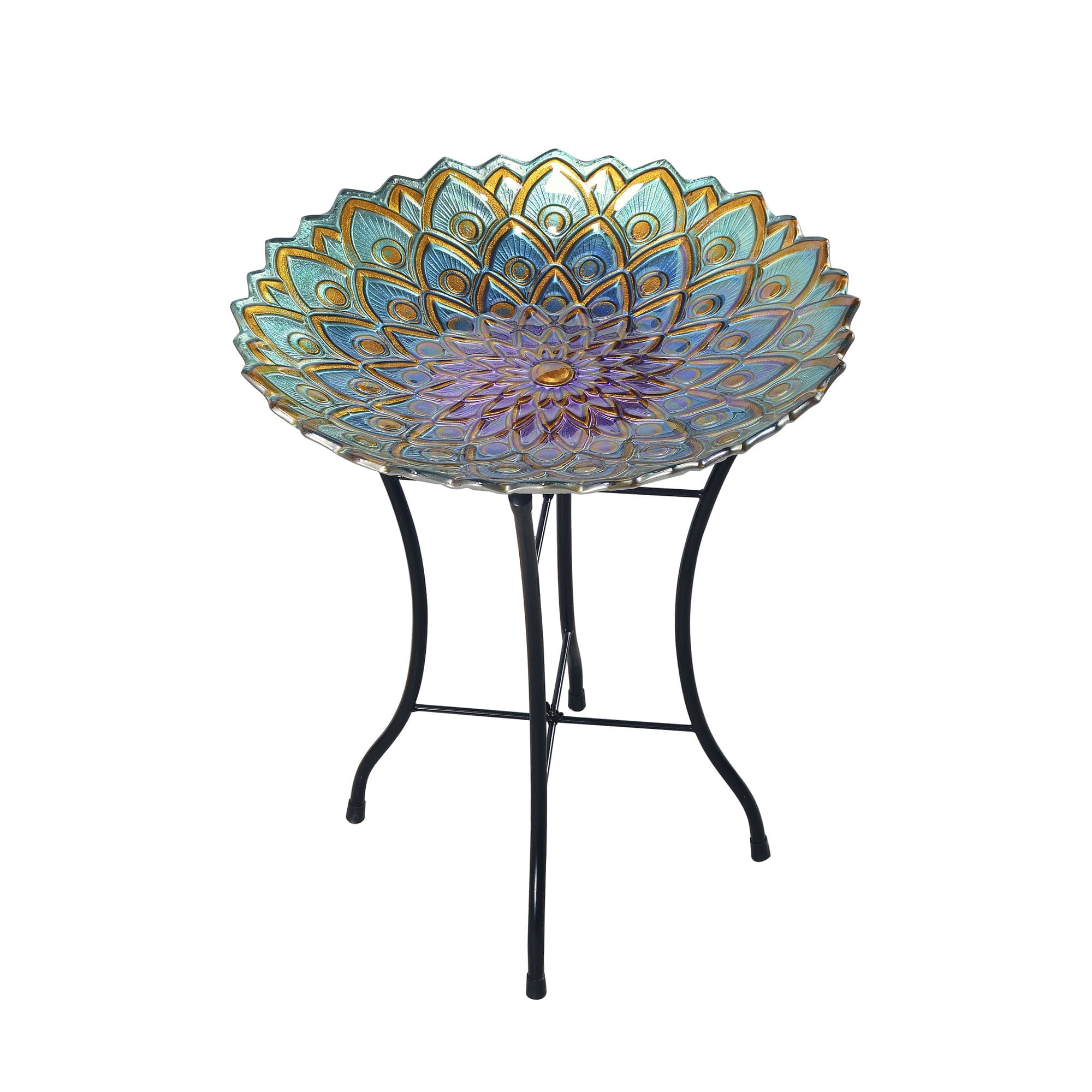 18" Multicolor Mosaic Glass Bird Bath with Metal Stand