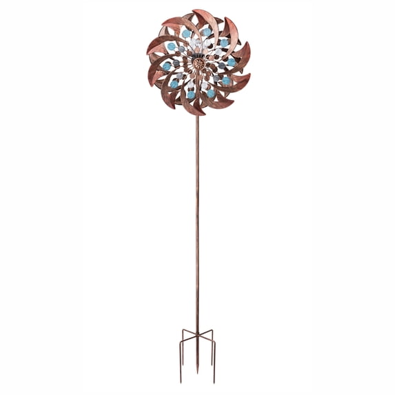 Teamson Home Outdoor Kinetic Windmill Sculpture with Solar-Powered LED Light, Copper
