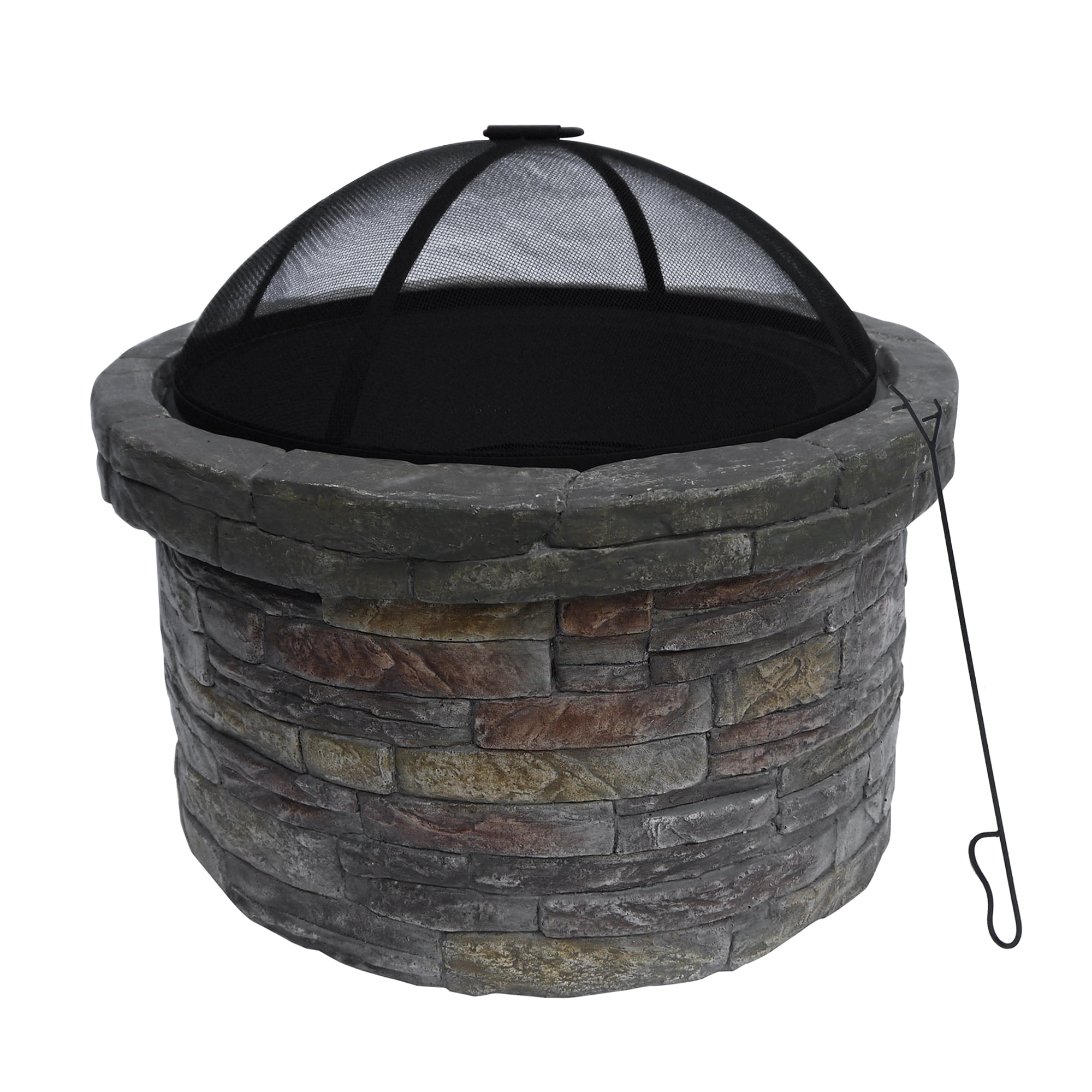 Round Faux Stone Outdoor Wood Burning Fire Pit with Steel Base