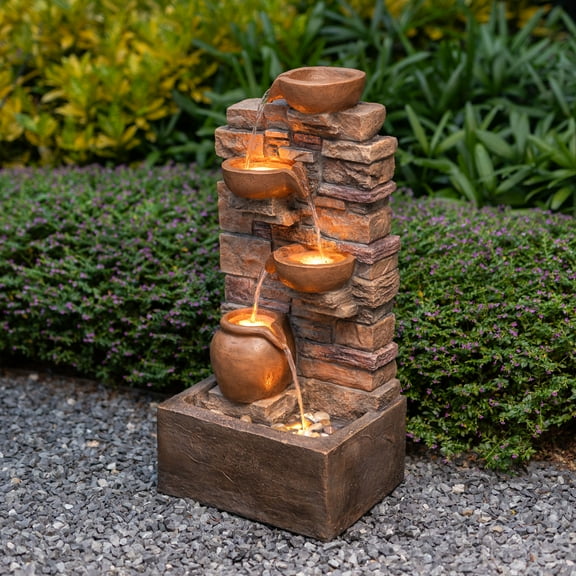 Teamson Home 28.5" Outdoor 4-Tier Stacked Stone Cascading Water Fountain with LED Lights, Brown