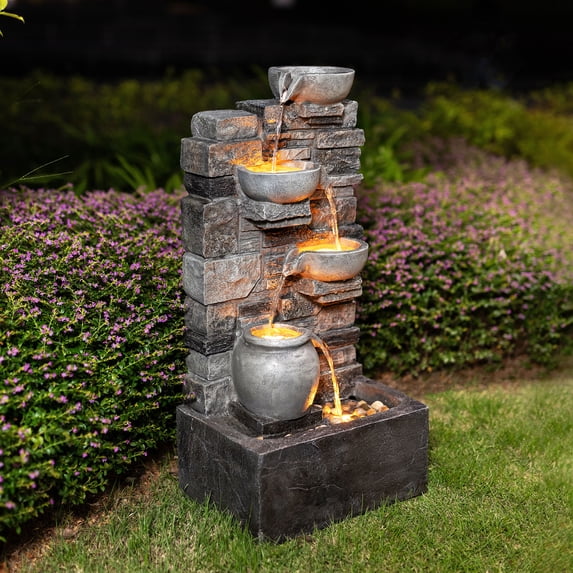Teamson Home 28.5" Outdoor 4-Tier Stacked Stone Cascading Water Fountain with LED Lights, Gray