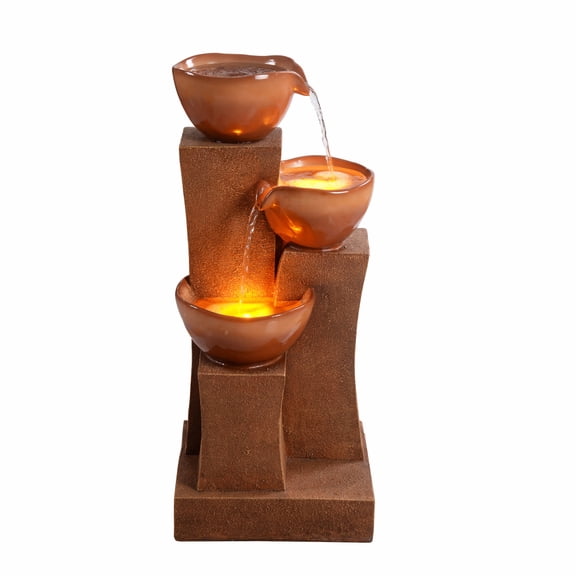 Teamson Home 3-Tier Outdoor Water Fountain with LED Lights, Brown