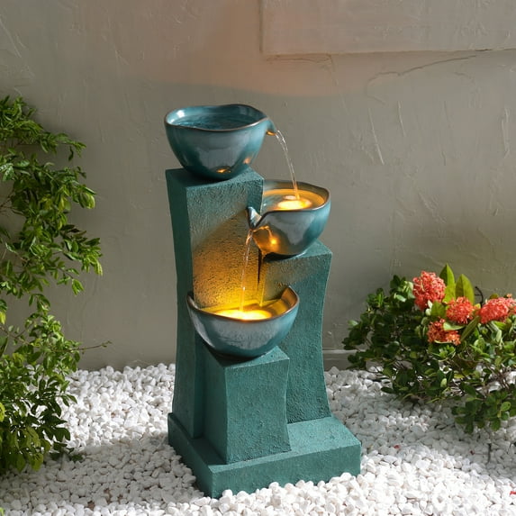 Teamson Home 3-Tier Cascading Outdoor Water Fountain with LED Lights, Green