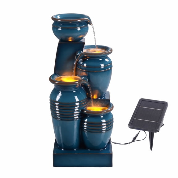 Teamson Home Outdoor 4-Tier Cascading Bowl Solar Water Fountain with LED Lights, Blue