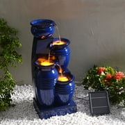 Teamson Home 4-Tier Outdoor Cascading Bowl Solar Powered Water Fountain with LED Lights, Navy