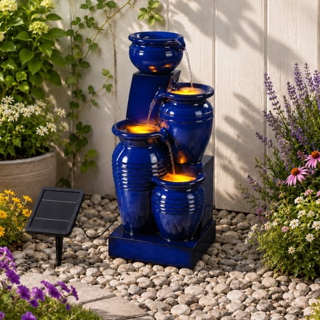 Teamson Home 4-Tier Outdoor Cascading Bowl Solar Powered Water Fountain with LED Lights, Navy