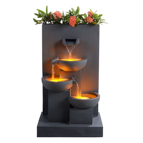 Teamson Home 3-Tier Cascading Outdoor Water Fountain with Planter & LED Lights, Gray