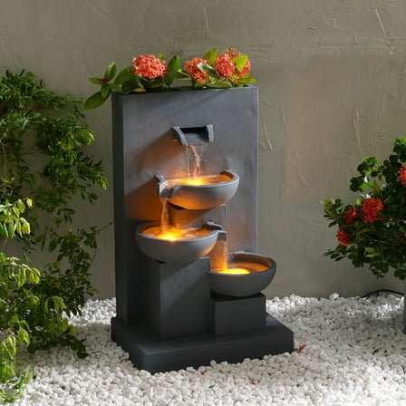 Teamson Home 3-Tier Cascading Outdoor Water Fountain with Planter & LED Lights, Gray