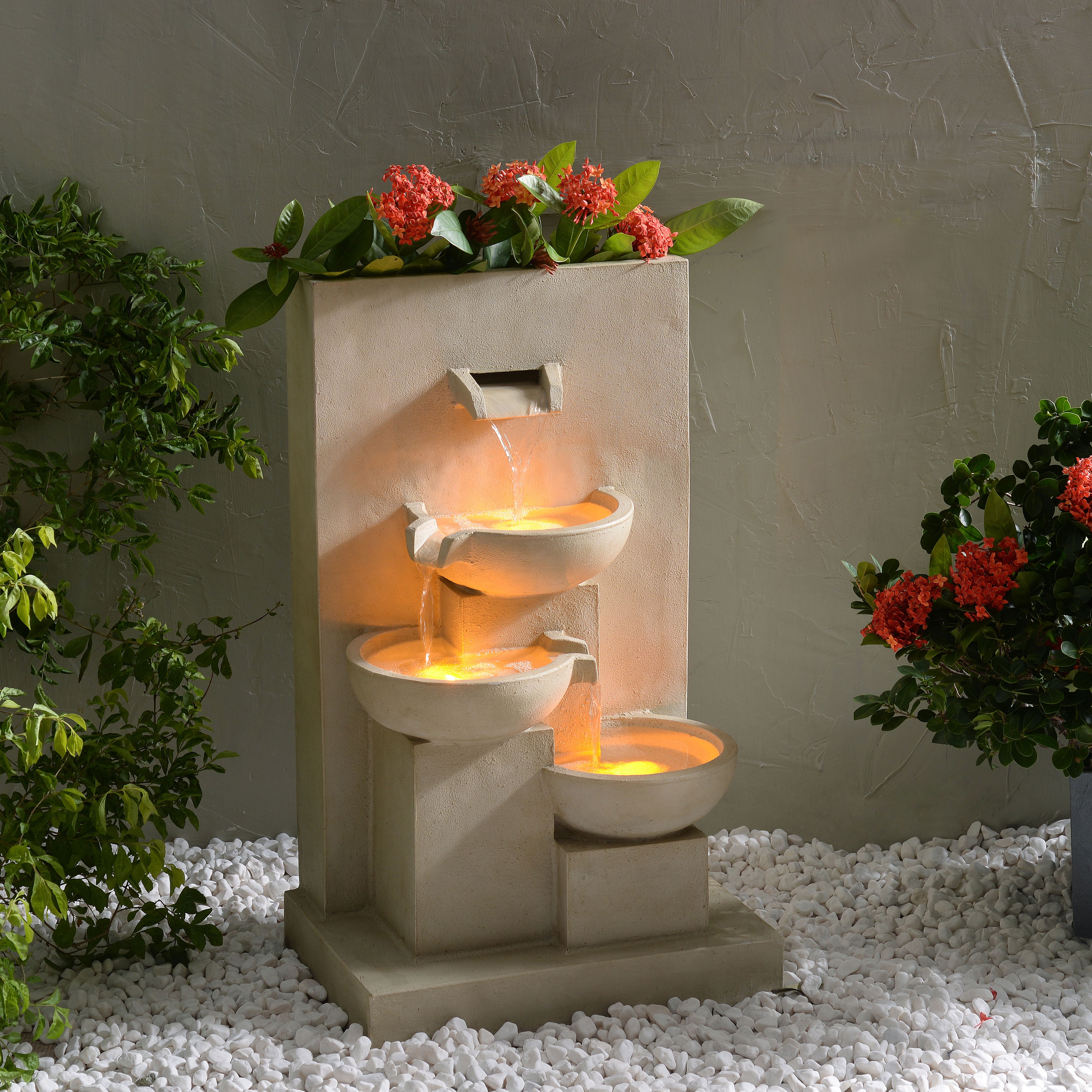 Teamson Home 3-Tier Cascading Outdoor Water Fountain with Planter & LED Lights, Natural