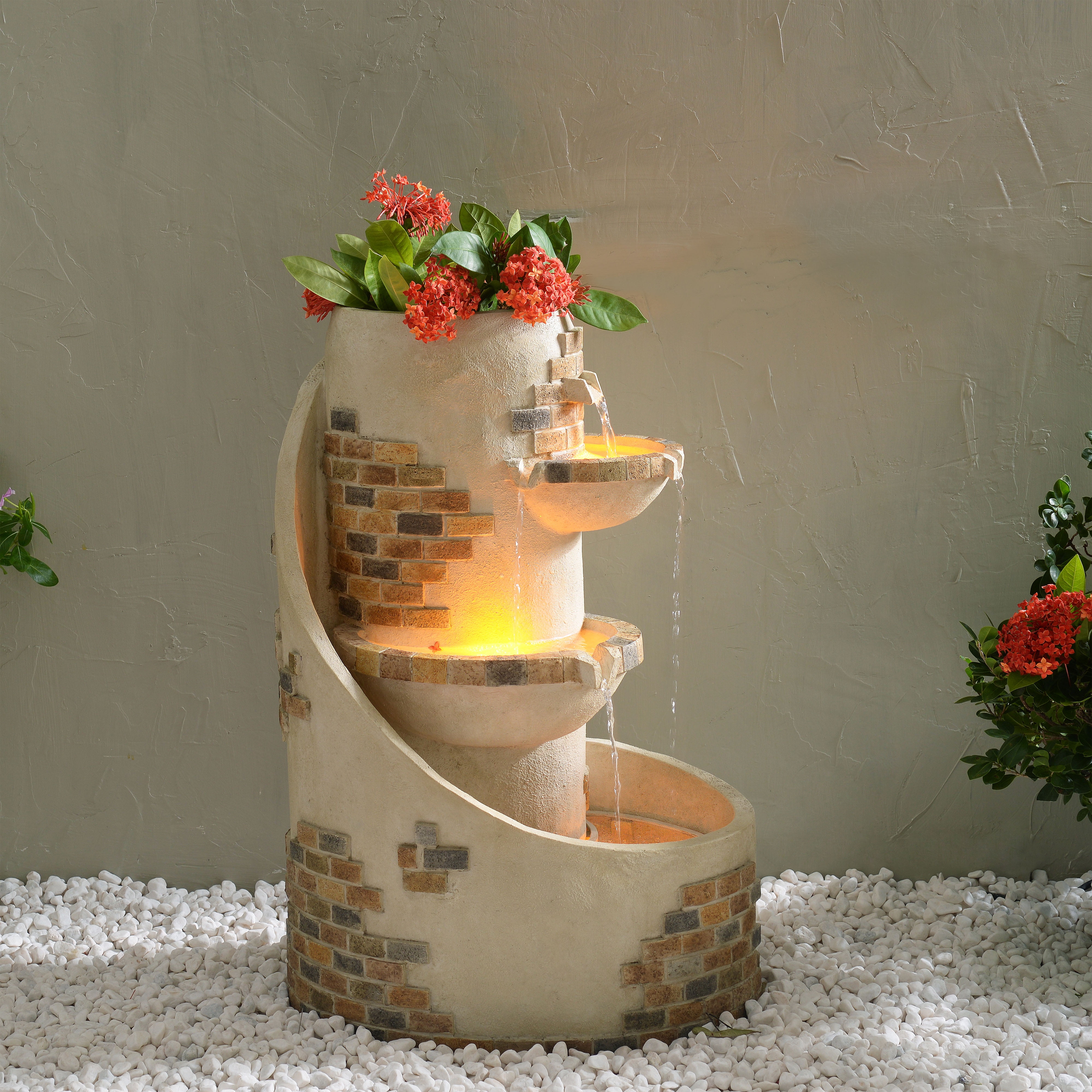 Ivory 3-Tier Cascading Outdoor Water Fountain with Planter and LED Lights
