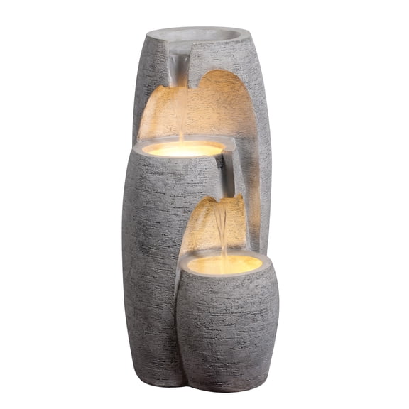 Teamson Home 3-Tier Cascading Urn Outdoor Water Fountain, Warm Glow Lighting with Adjustable Flow & Electric Pump, Gray