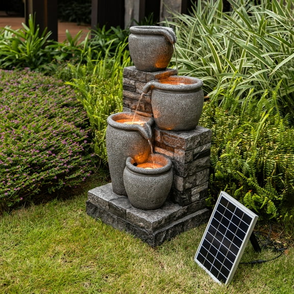 Teamson Home 30.7" 4-Tier Cascading Bowl Solar Powered Water Fountain for Outdoor Living Spaces, Gray