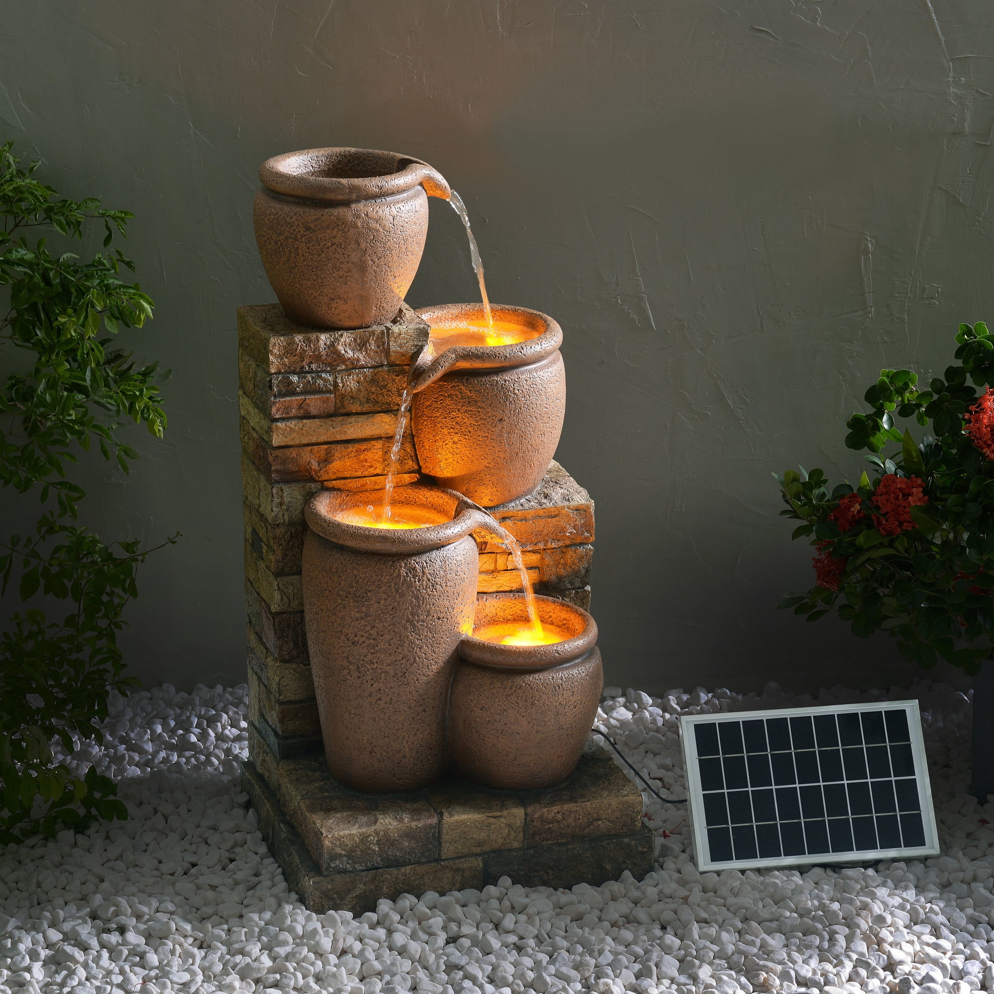 Teamson Home 4-Tier Outdoor Cascading Bowl Stacked Stone Solar Powered Water Fountain with LED Lights, Brown