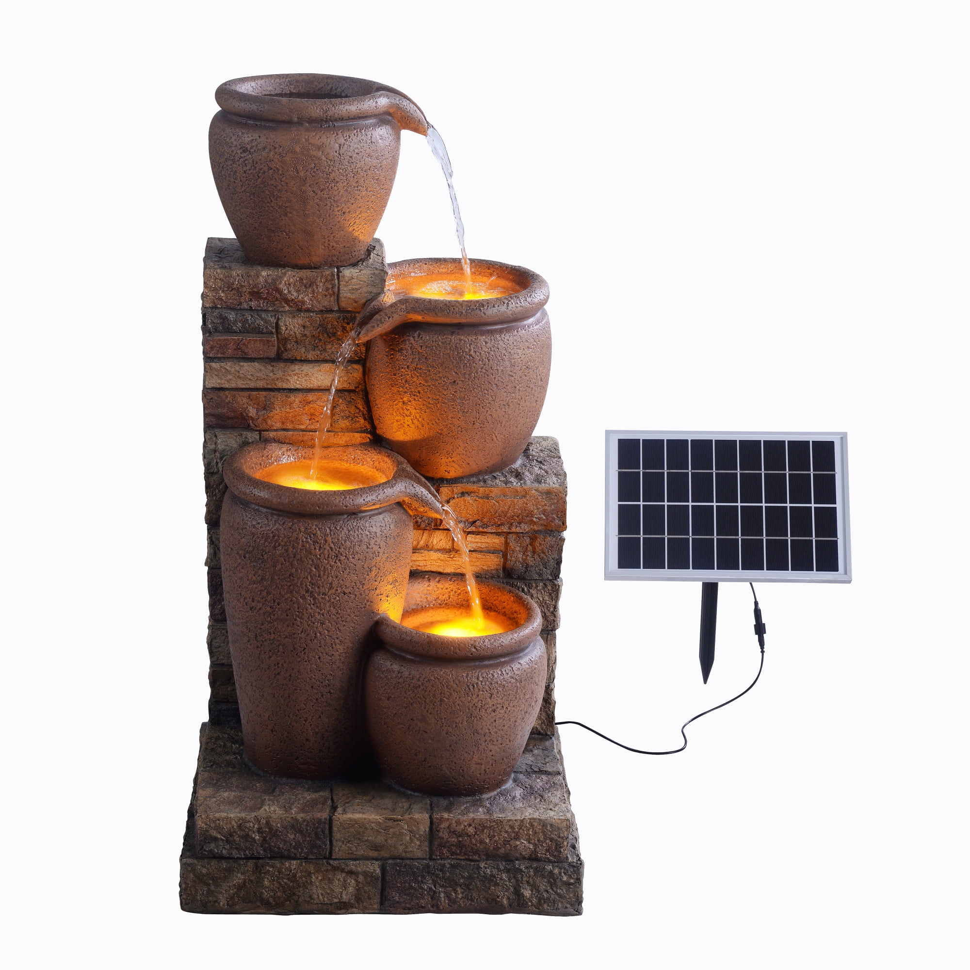 30.71" Rustic Brown Solar Powered 4-Tier Cascading Bowl Water Fountain