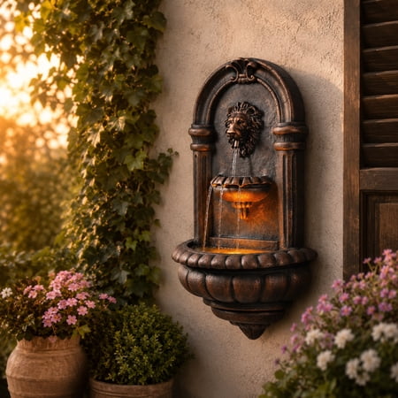 Teamson Home 32.1" Tiered Lion Head Stone LED Outdoor Water Fountain