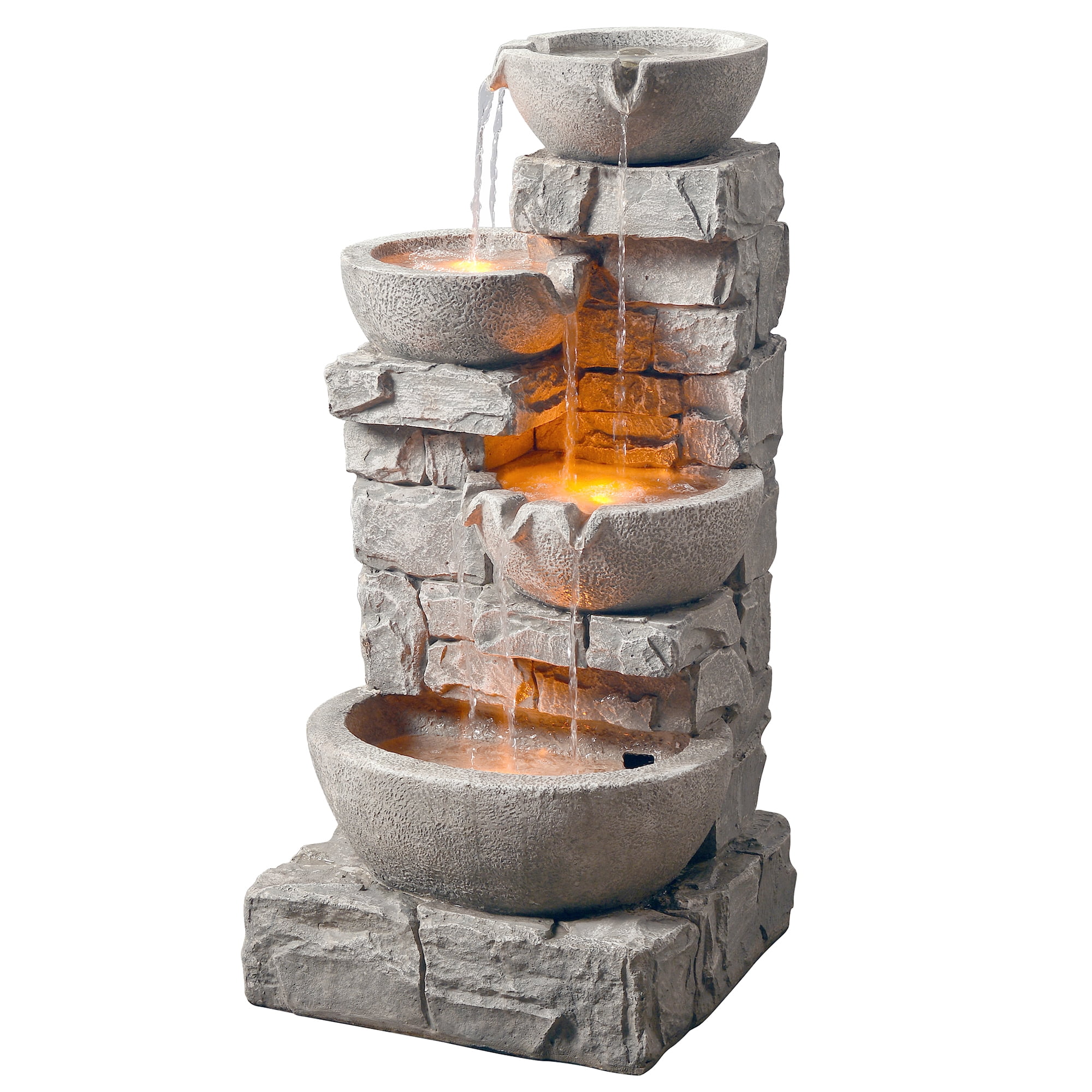 Stone Gray Cascading Bowls and Stacked Stones LED Outdoor Fountain