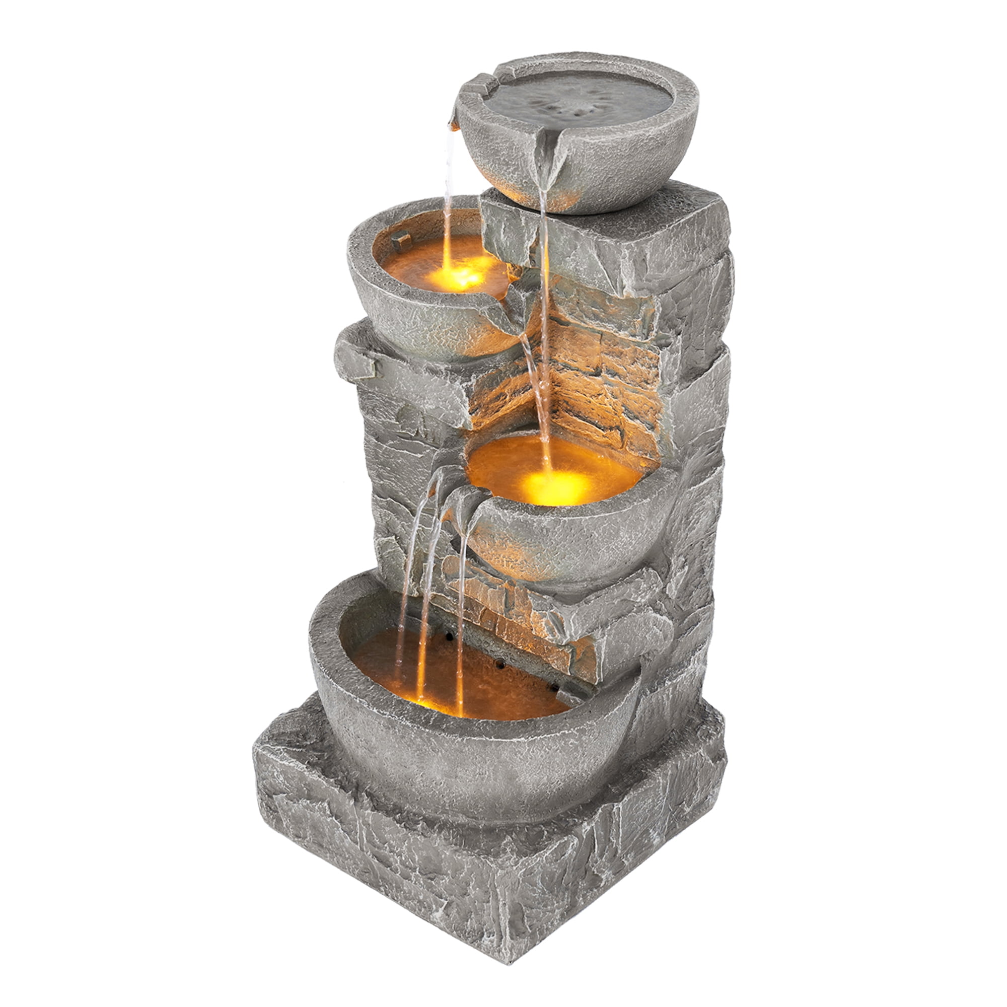 Stone Gray Cascading Bowls and Stacked Stones LED Outdoor Fountain