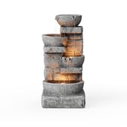 Teamson Home Cascading Stacked Stones Patio Water Fountain, Warm LED Light with Adjustable Flow & Electric Pump, Gray