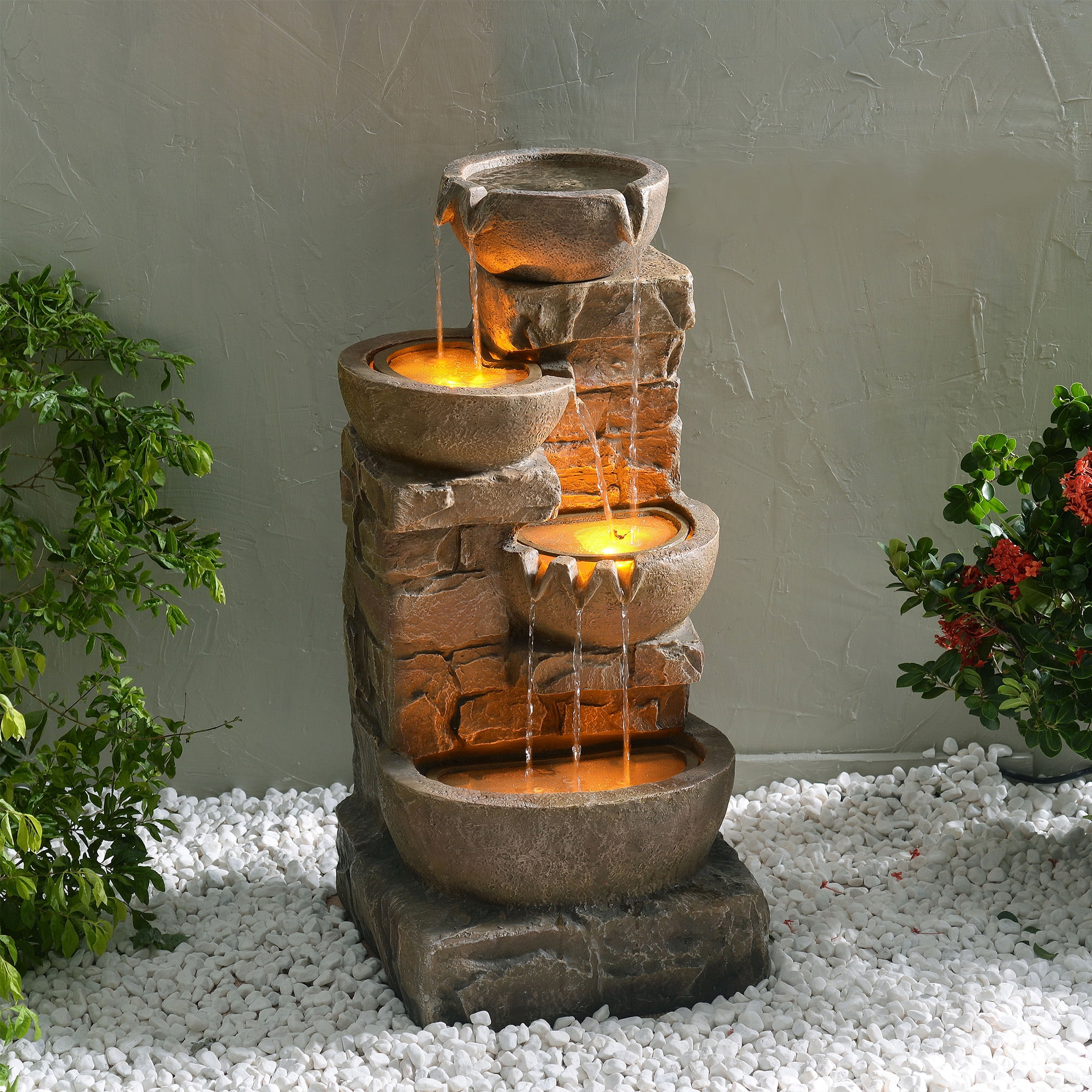 33.27" Brown Polyresin Cascading Bowls and Stacked Stones LED Fountain