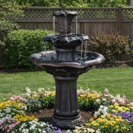 Teamson Home Outdoor Lily Flower Stone 3-Tier Waterfall Fountain, Gray