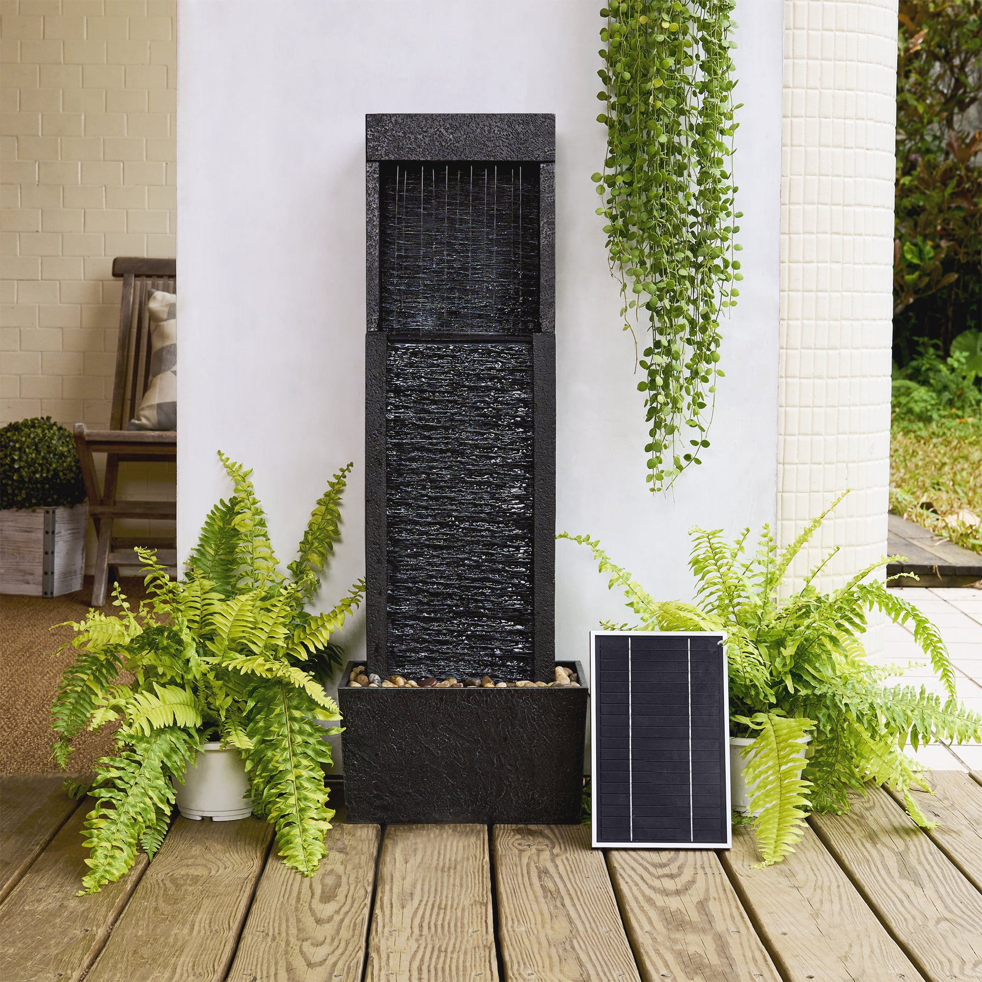 Athena Black Solar-Powered Outdoor Waterfall Fountain with LED Lights