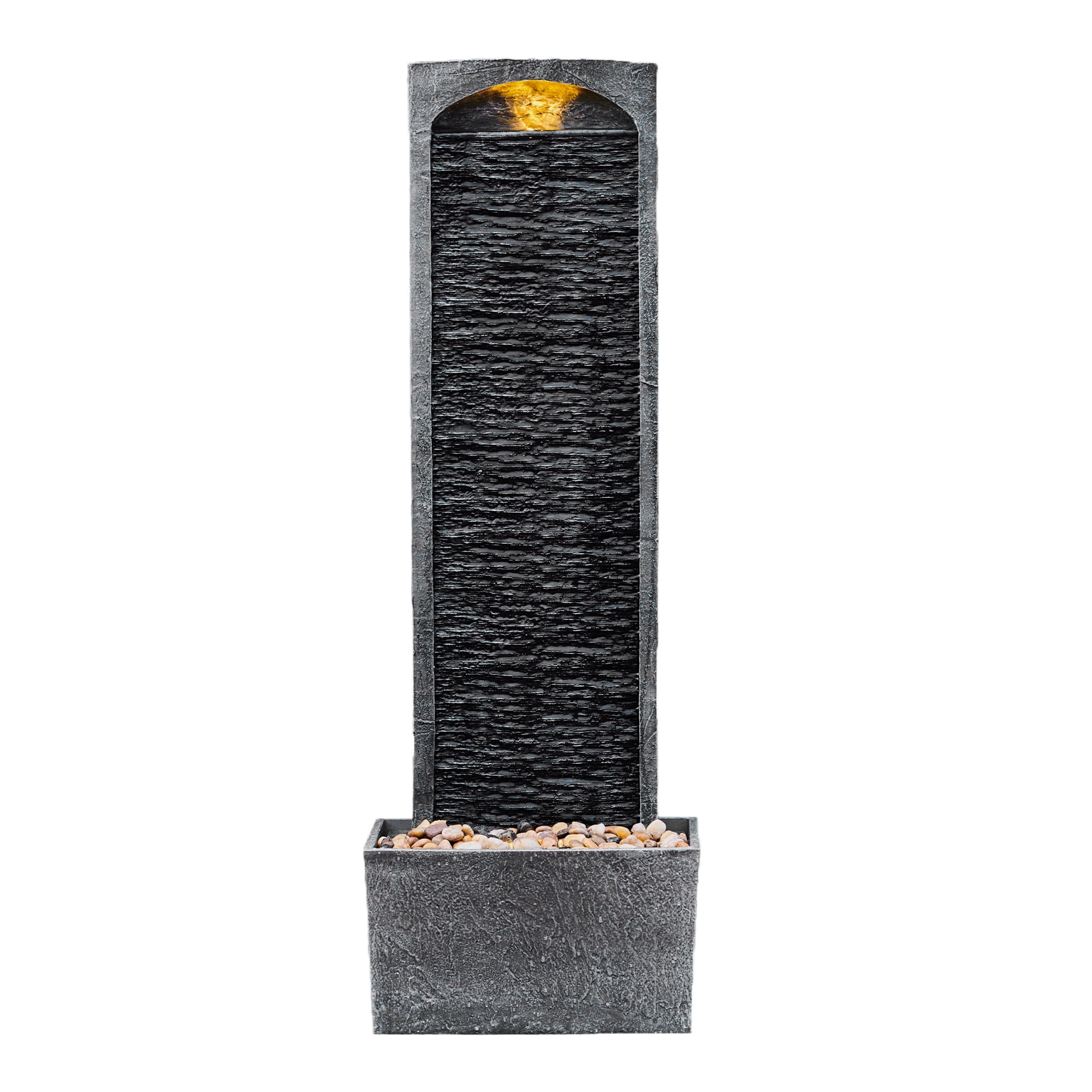 Teamson Home 38.5" Faux Slate Contemporary Outdoor LED Waterfall Fountain with Pebble Base, Gray/Black