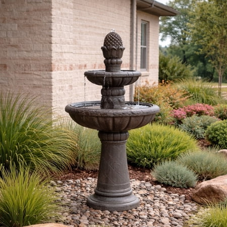 Teamson Home Outdoor Deluxe Pineapple 2-Tier Pedestal Fountain, Gray