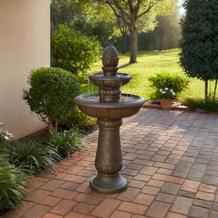 Teamson Home 2-Tier Birdbath Water Fountain Outdoor Garden–Shallow Basin with Built-In Electric Pump & Simple Setup, Carbon Gray