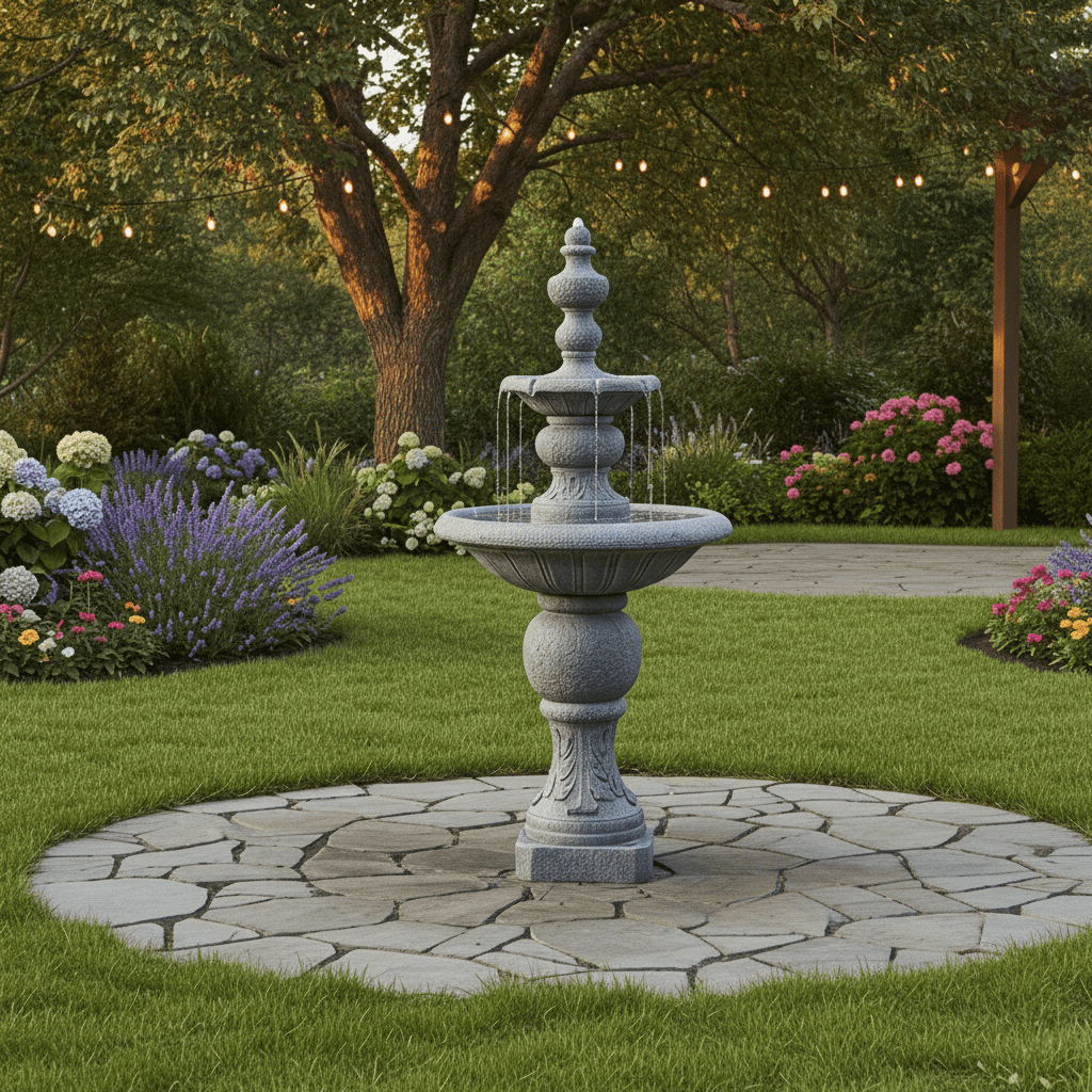 Teamson Home 2-Tier Pedestal Outdoor Water Fountain, Shallow Basin with Adjustable Flow & Electric Pump, Gray